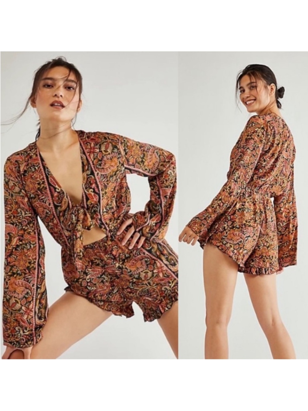 Free People x RAGA Venetian Paisley Floral Boho Tie Front Romper Small